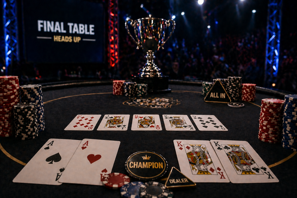 Phân tích ván bài cuối cùng của Giải vô địch Poker: Sơ đồ minh họa ván bài cuối cùng của giải vô địch Texas Hold'em, thể hiện màn đối đầu trực tiếp và khoảnh khắc quyết định.