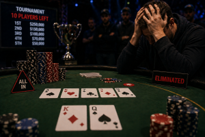 Poker Collapse Hand Review 德州撲克崩盤關鍵手示意圖,展示玩家從領先到出局的瞬間轉變