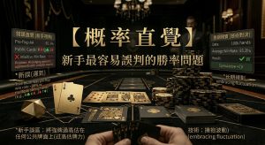 Poker Probability Intuition 德州撲克概率直覺示意圖，展示新手對勝率與概率的錯誤理解