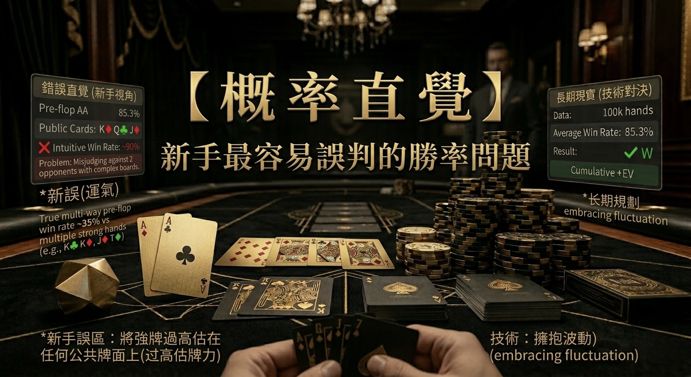 Poker Probability Intuition 德州撲克概率直覺示意圖，展示新手對勝率與概率的錯誤理解