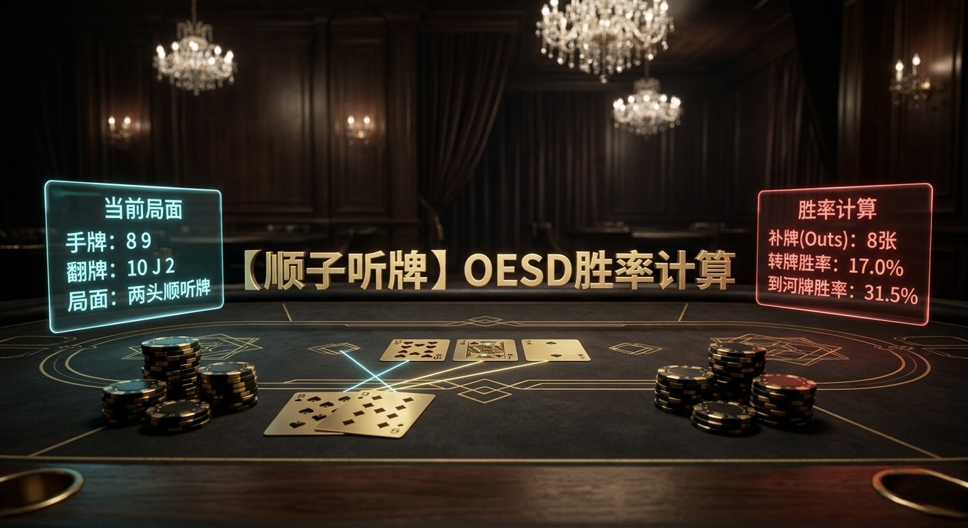 Poker OESD Odds 德州撲克OESD雙頭順聽牌示意圖，展示8 Outs與順子完成機率
