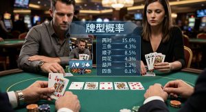 Poker Hand Probability 德州撲克牌型概率示意圖，展示高牌、一對、兩對、三條、順子、同花與葫蘆等牌型出現機率