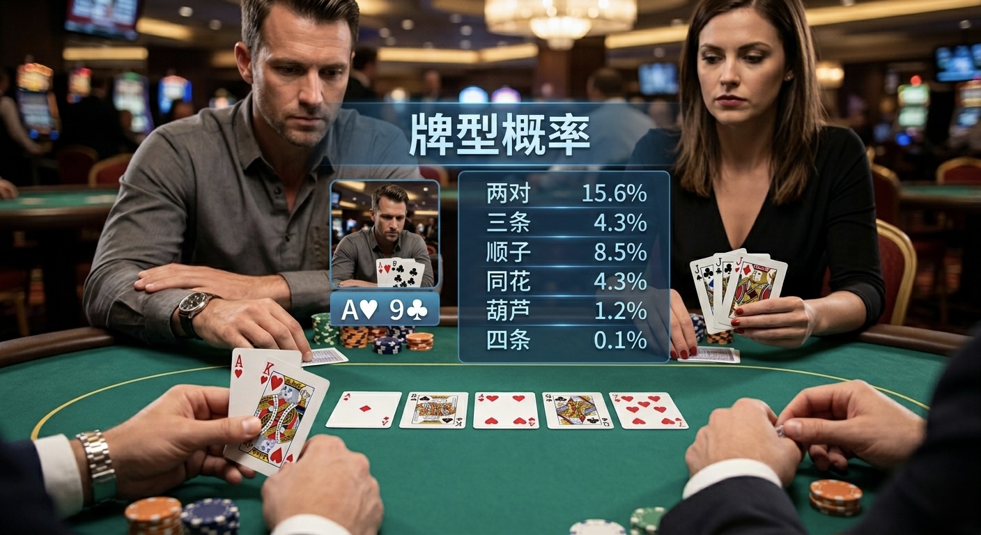 Poker Hand Probability 德州撲克牌型概率示意圖，展示高牌、一對、兩對、三條、順子、同花與葫蘆等牌型出現機率