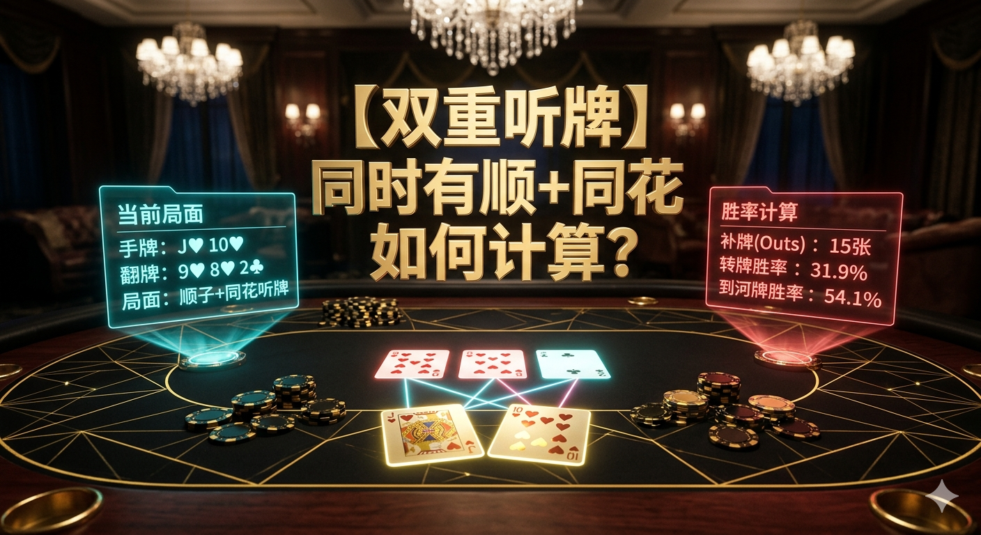 Poker Combo Draw Odds 德州撲克Combo Draw雙重聽牌示意圖，展示順子與同花同時存在的高勝率聽牌