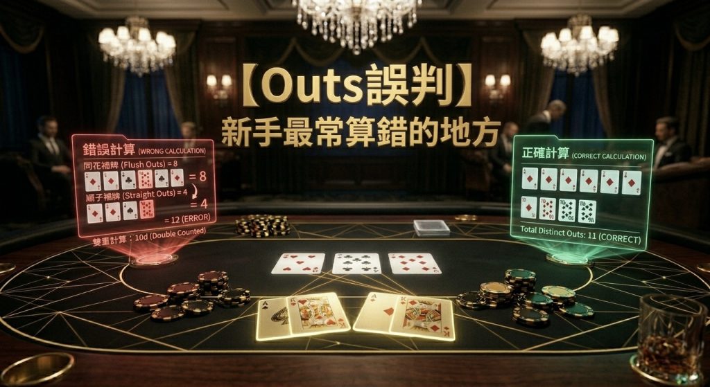 Poker Outs Mistakes: A diagram illustrating common outs misjudgments and EV errors made by beginners in Texas Hold'em.