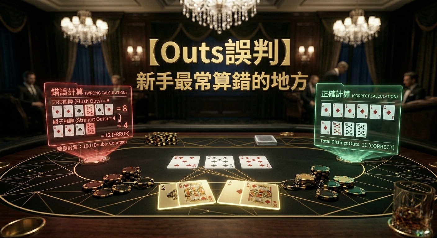 Poker Outs Mistakes 德州撲克Outs誤判示意圖，展示新手常見補牌計算錯誤與EV誤差