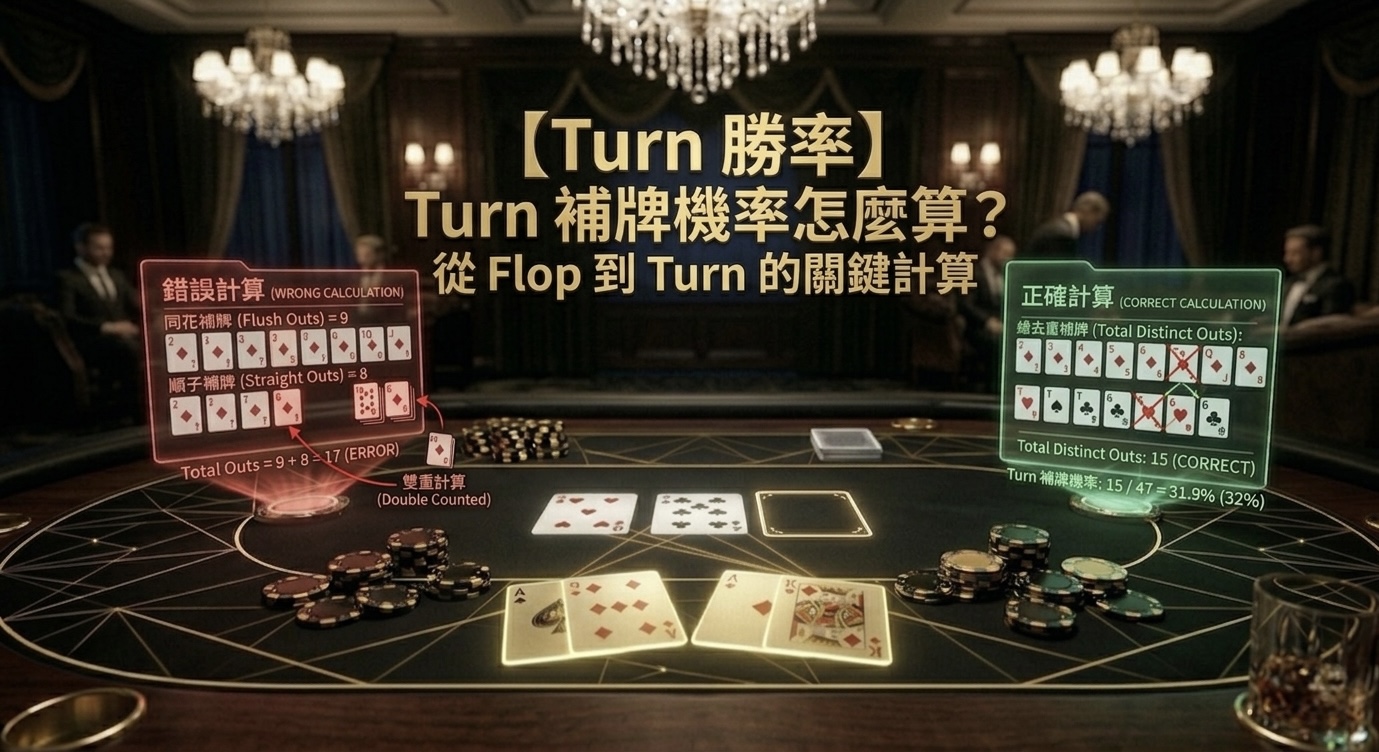 Poker Turn Odds 德州撲克Turn補牌機率示意圖，展示Turn到River的Outs與勝率計算