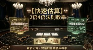 Sơ đồ minh họa luật 2 và 4 trong Texas Hold'em, cho thấy ước tính nhanh về tỷ lệ thắng và tỷ lệ chuyển đổi bài.