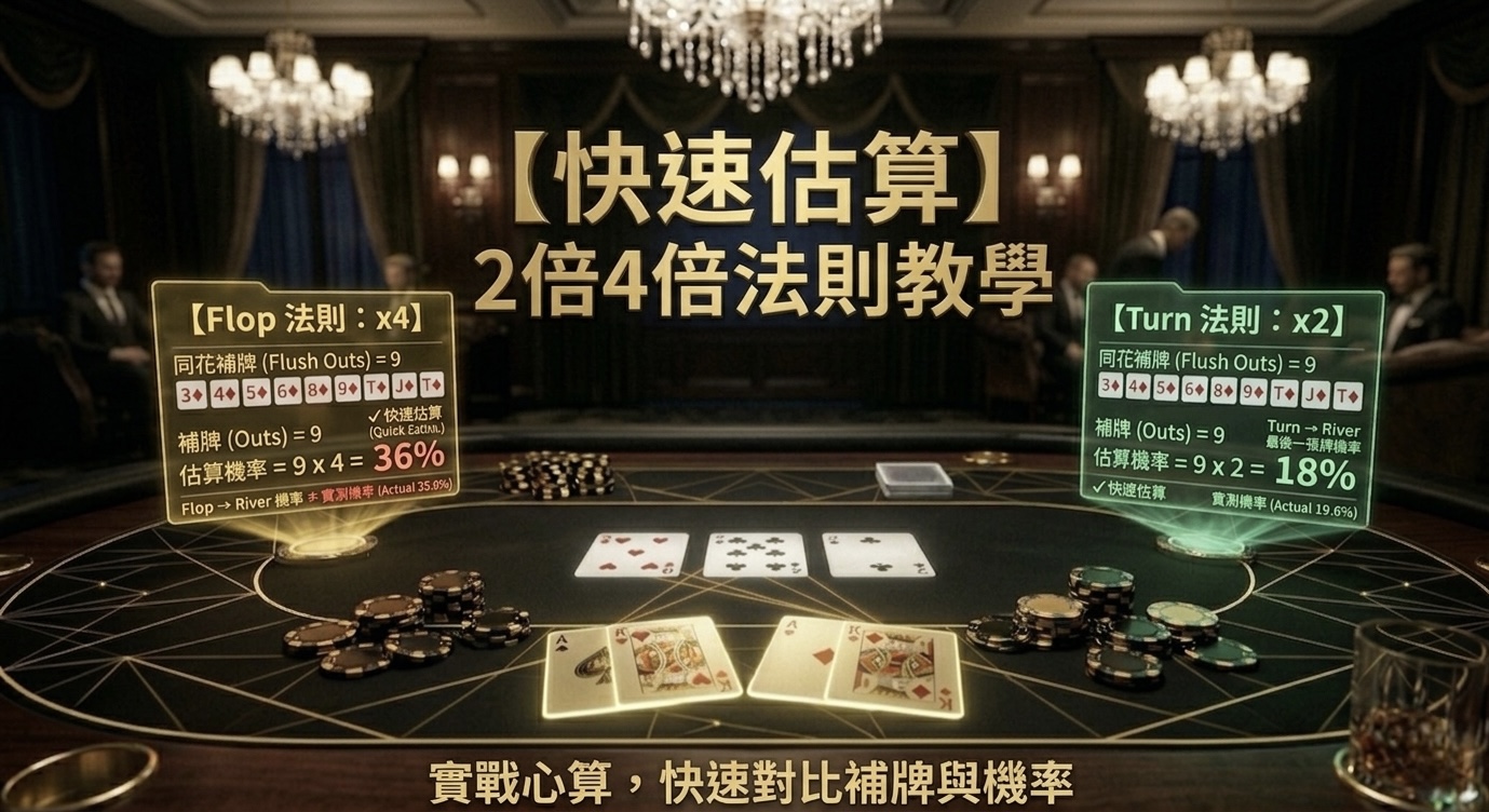 Poker Rule of 2 and 4 德州撲克2倍4倍法則示意圖，展示快速勝率估算與Outs換算