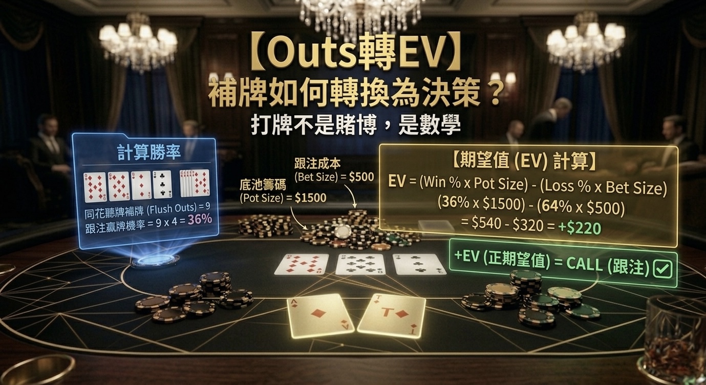 Poker Outs to EV 德州撲克Outs轉EV示意圖，展示補牌如何轉換為盈利決策