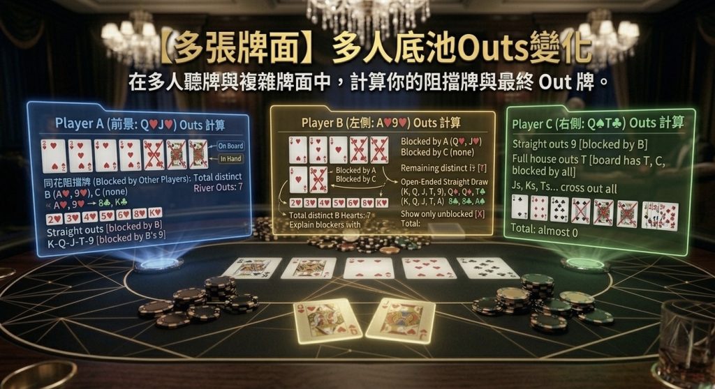 Poker Multiway Outs: A diagram illustrating outs in a multiway Texas Hold'em pot, showing the changes in win rate and effective outs in a multiway game.