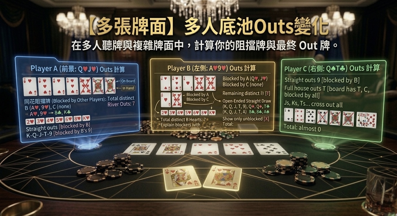 Poker Multiway Outs 德州撲克多人底池Outs示意圖，展示Multiway中的勝率與有效Outs變化