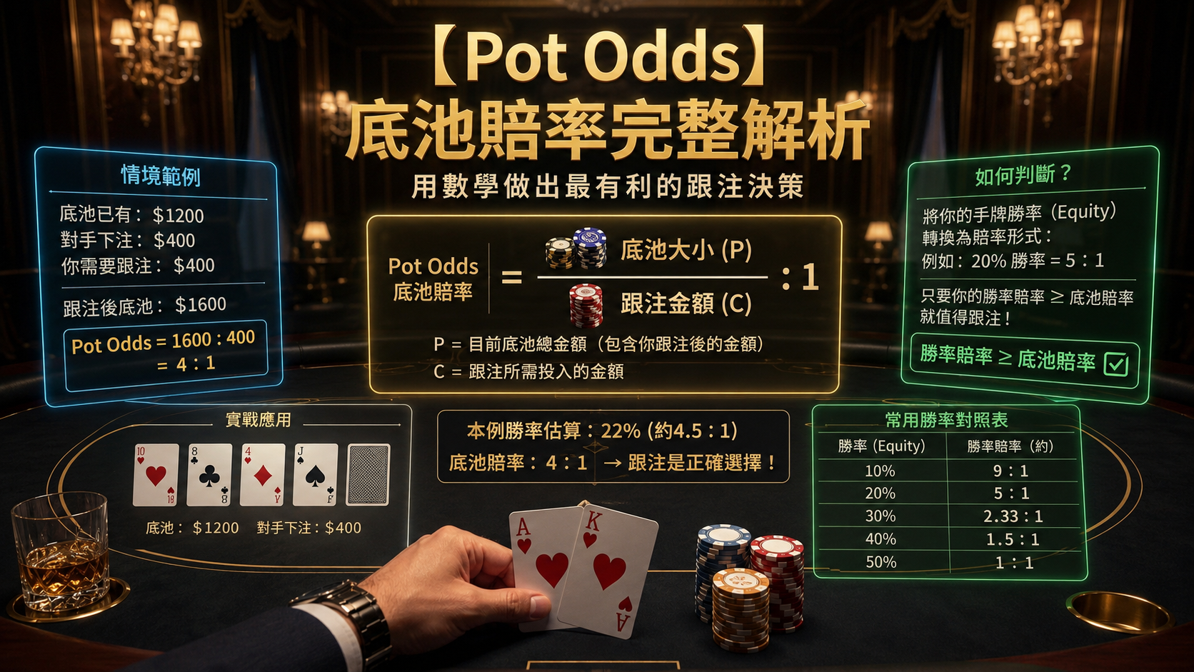 Poker Pot Odds 德州撲克Pot Odds底池賠率示意圖，展示勝率與EV決策計算