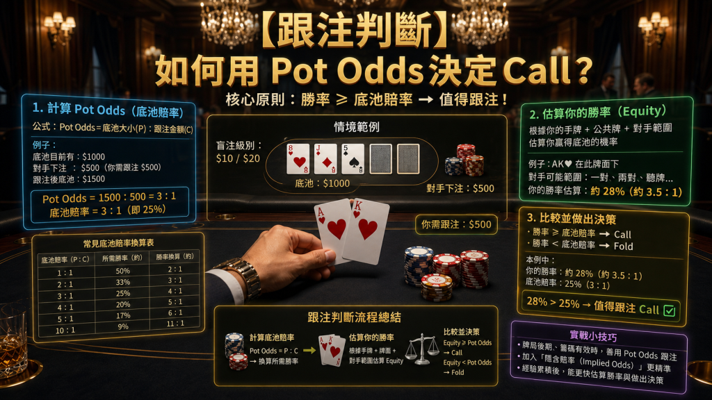 A diagram illustrating the Poker Call Decision process in Texas Hold'em, showing the Pot Odds and EV (Effective Value) assessment.