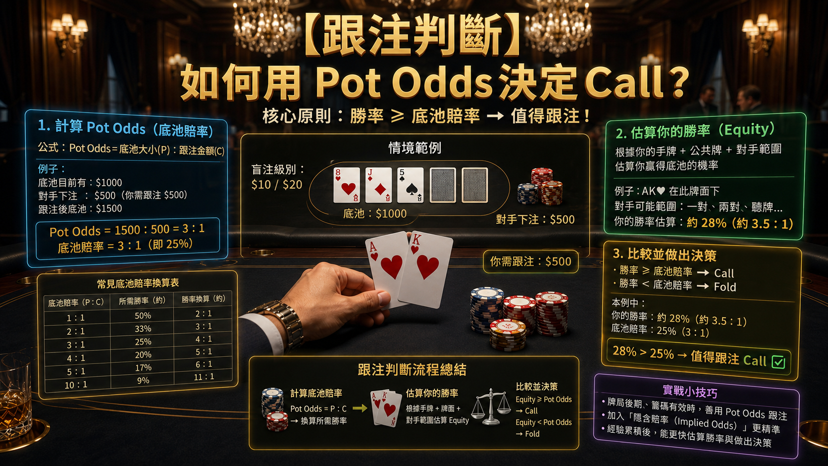 Poker Call Decision 德州撲克Call決策示意圖，展示Pot Odds與EV判斷