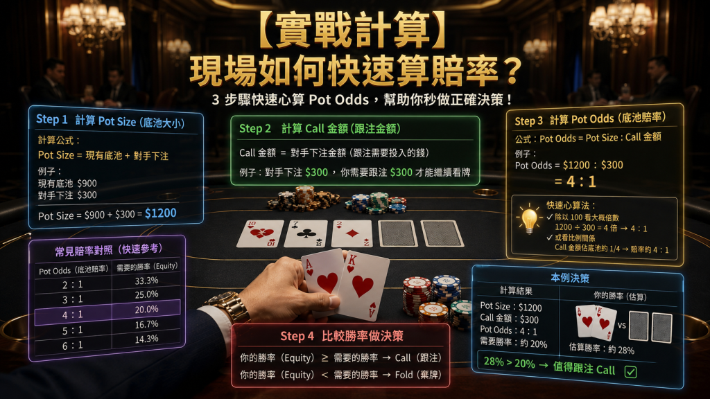 Poker Odds Shortcut: A diagram illustrating quick odds calculation in live Texas Hold'em, showing Outs, Pot Odds, and EV.