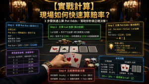 Cách tính nhanh tỷ lệ cược trong Poker: Sơ đồ minh họa cách tính tỷ lệ cược nhanh trong trò chơi Texas Hold'em trực tiếp, hiển thị số Outs, Pot Odds và EV.