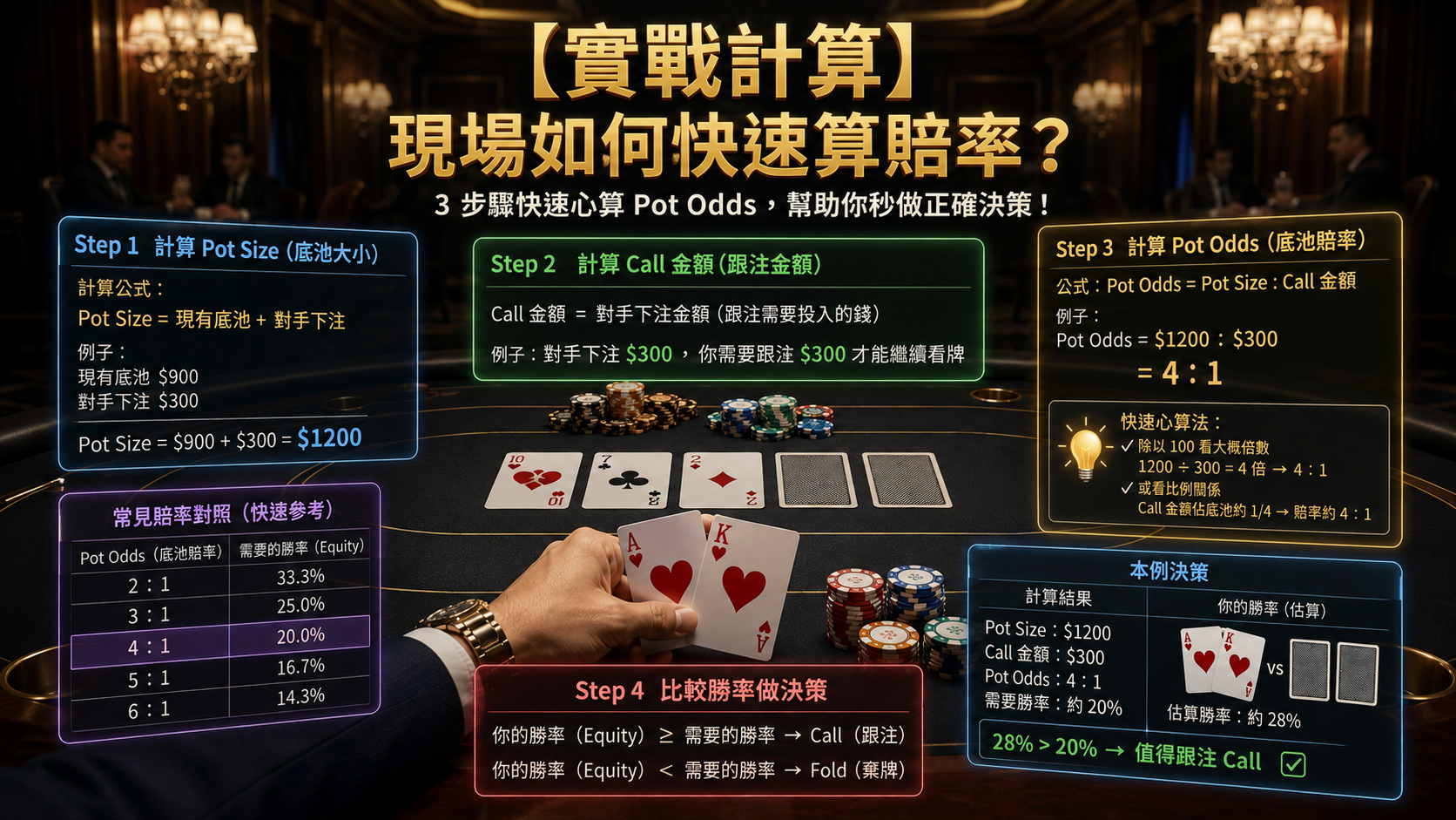 Poker Odds Shortcut 德州撲克現場快速算賠率示意圖，展示Outs、Pot Odds與EV速算