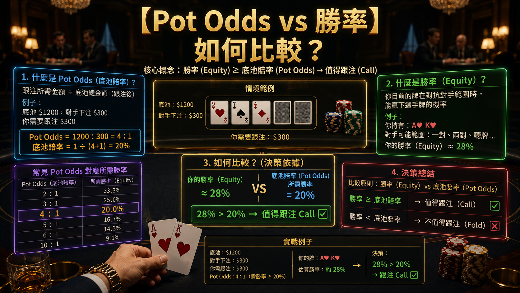 Poker Pot Odds vs Equity 德州撲克Pot Odds與勝率比較示意圖，展示EV決策邏輯