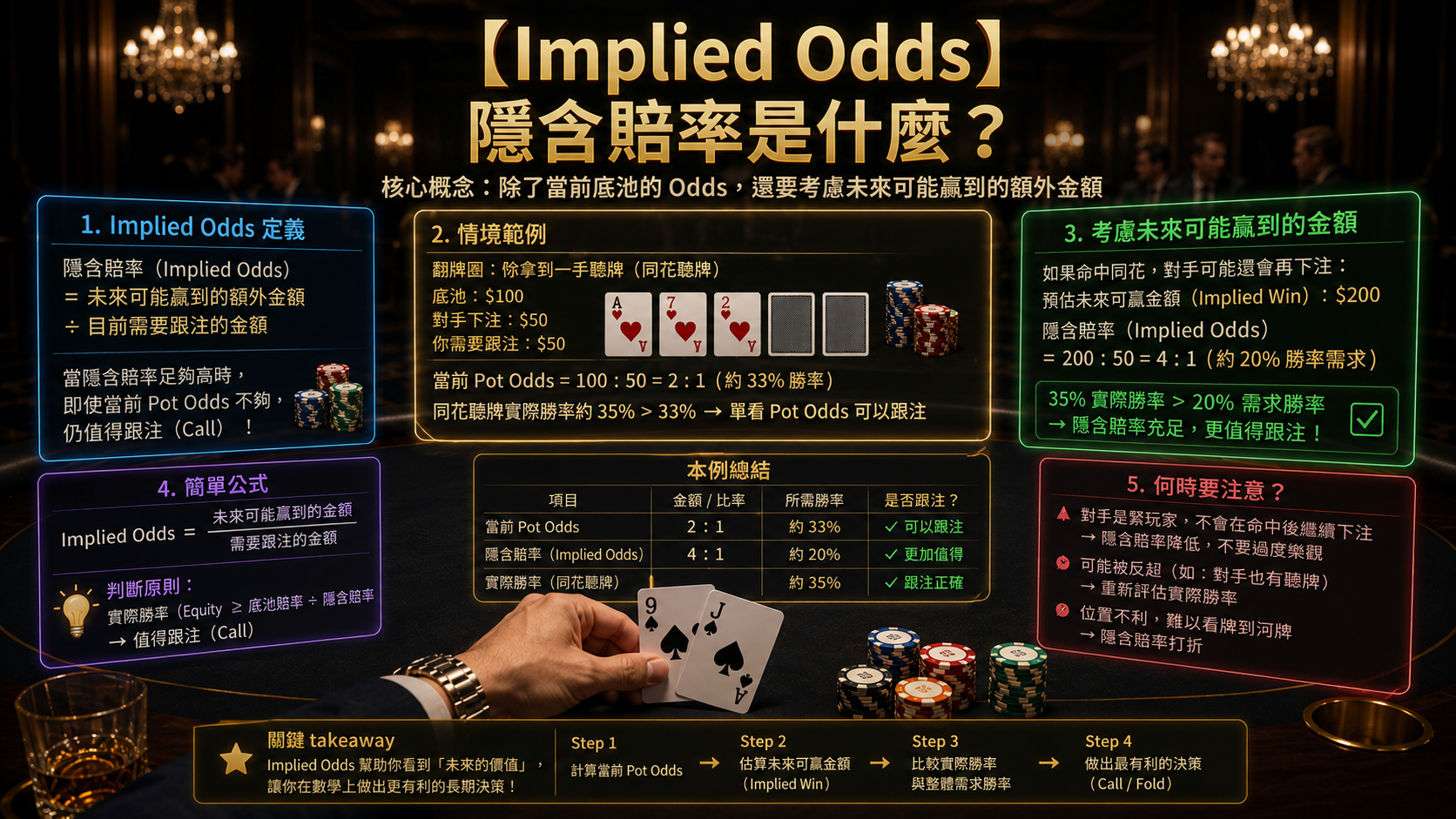 Poker Implied Odds 德州撲克Implied Odds隱含賠率示意圖，展示未來盈利與EV概念
