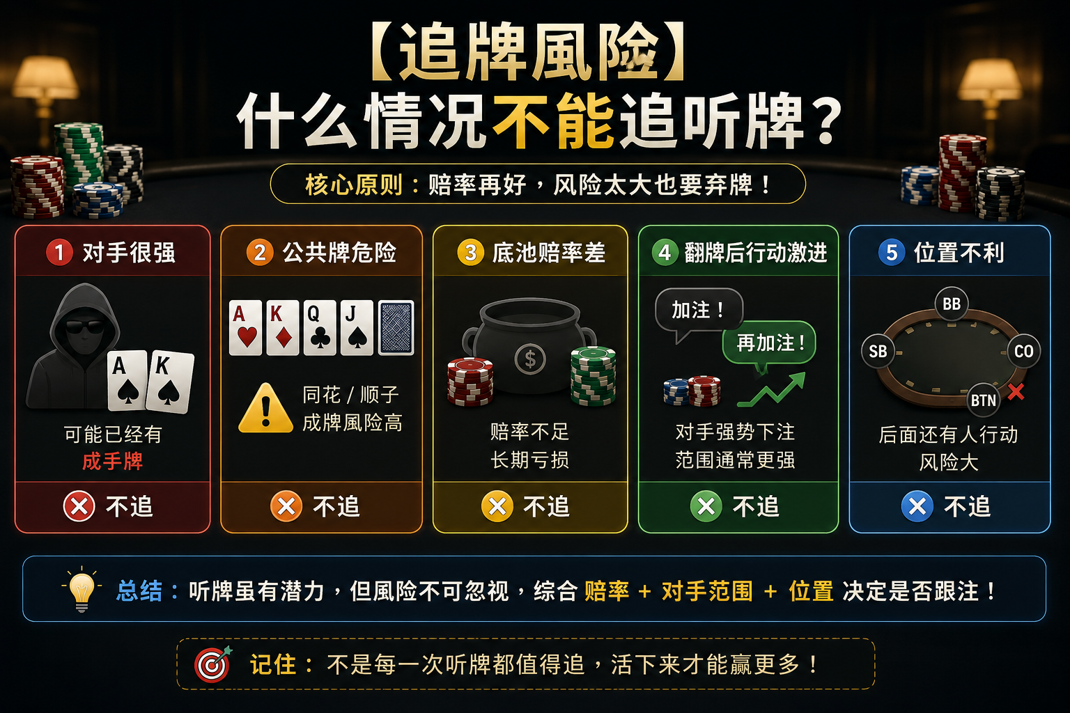 Poker Draw Risk 德州撲克追聽牌風險示意圖，展示負EV Draw與危險追牌情境