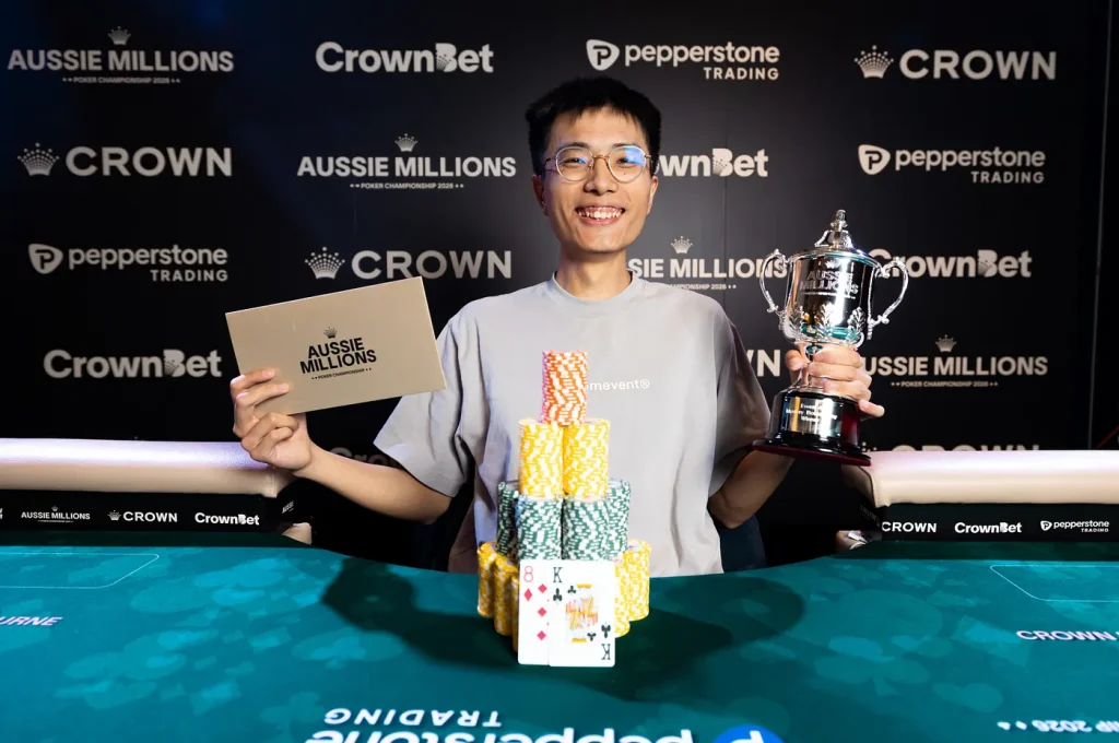 Gening Dai winning the 2026 Aussie Millions Mystery Bounty Tournament.