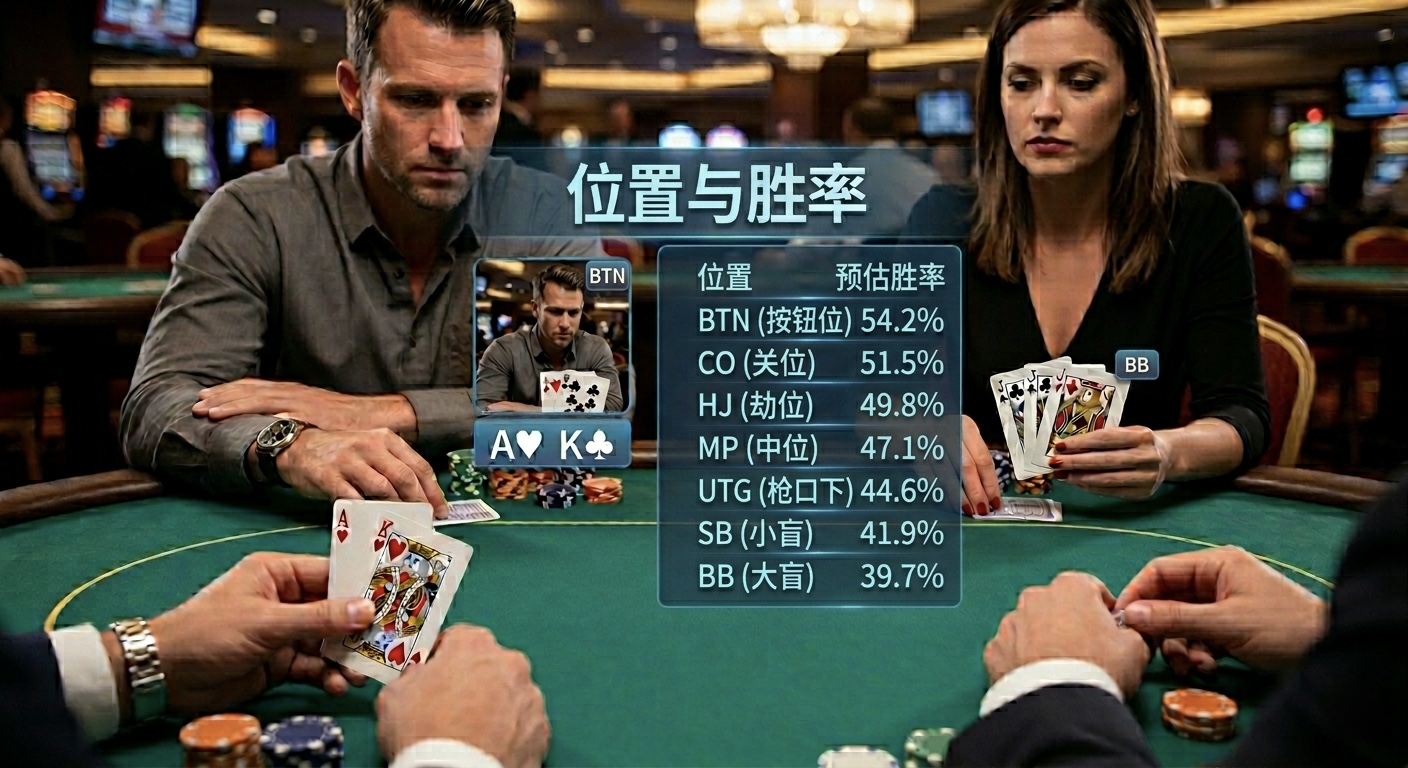 Poker Position & Equity 德州撲克位置與勝率示意圖，展示UTG、MP、BTN位置對決策與EV的影響