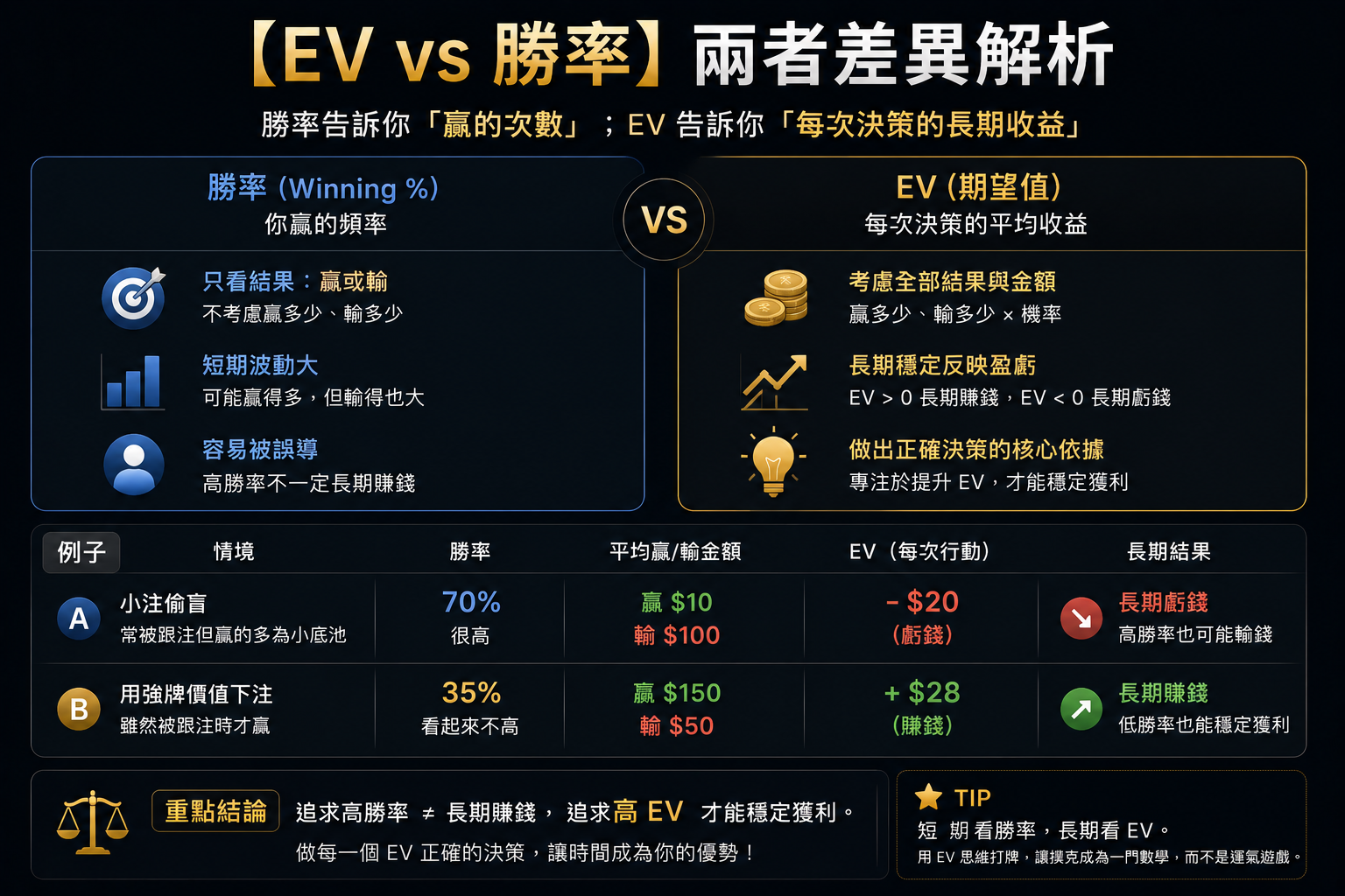 Poker EV vs Equity 德州撲克EV與勝率差異示意圖，展示Expected Value與Equity概念