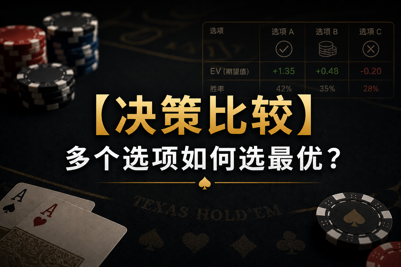 Poker Decision EV 德州撲克Decision EV示意圖，展示多選項EV比較與最佳決策概念