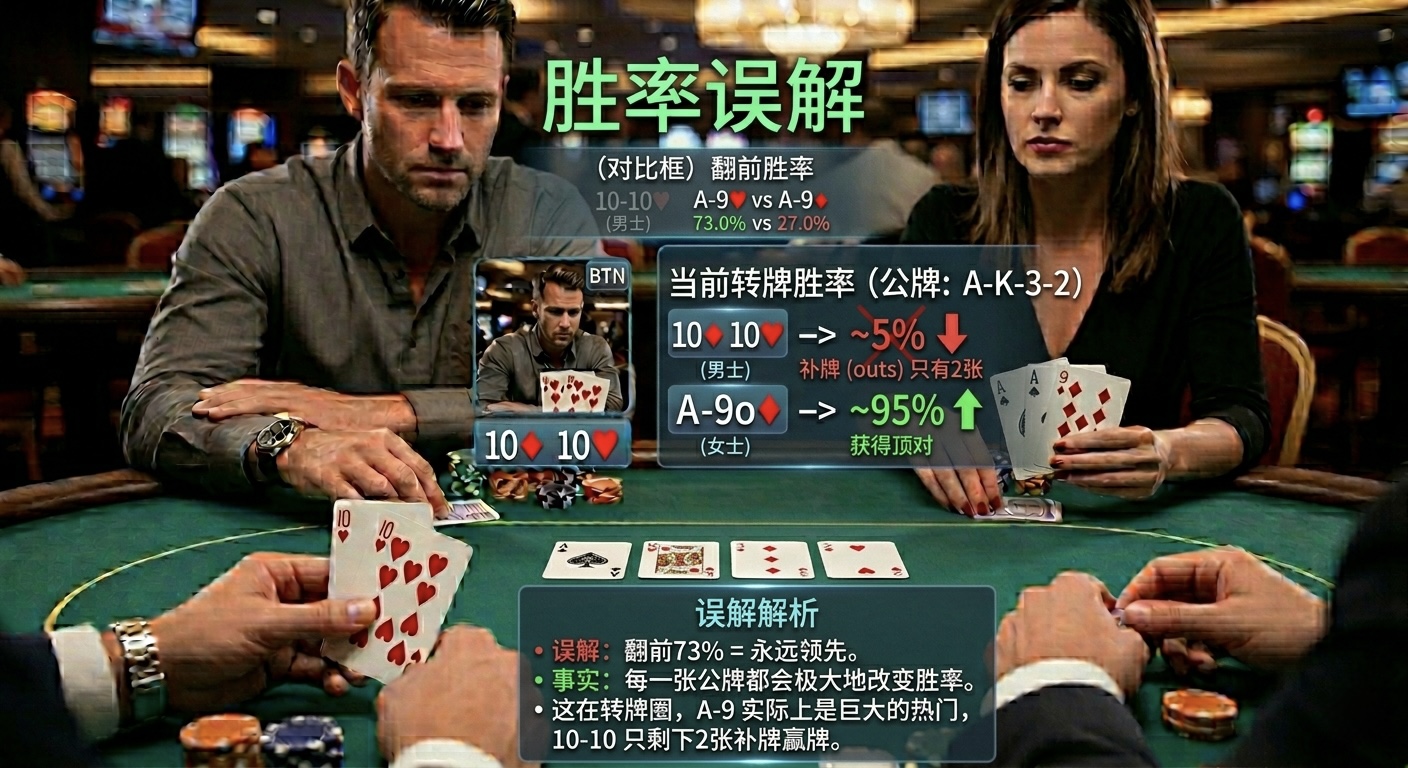Poker Variance Explained 德州撲克Variance與勝率誤解示意圖，展示高勝率仍可能輸牌的情況