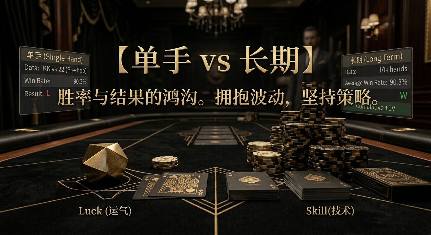 Poker Short Term vs Long Term 德州撲克單手結果與長期EV示意圖，展示短期波動與長期勝率差異