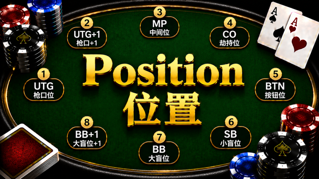 Position: A diagram illustrating seating order and positional advantage in Texas Hold'em.