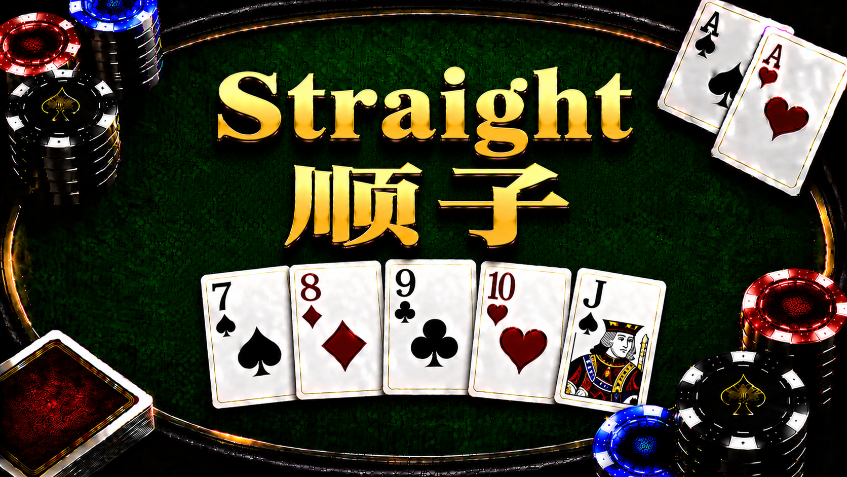 Straight 順子在德州撲克牌型中的概念與比較方式示意圖