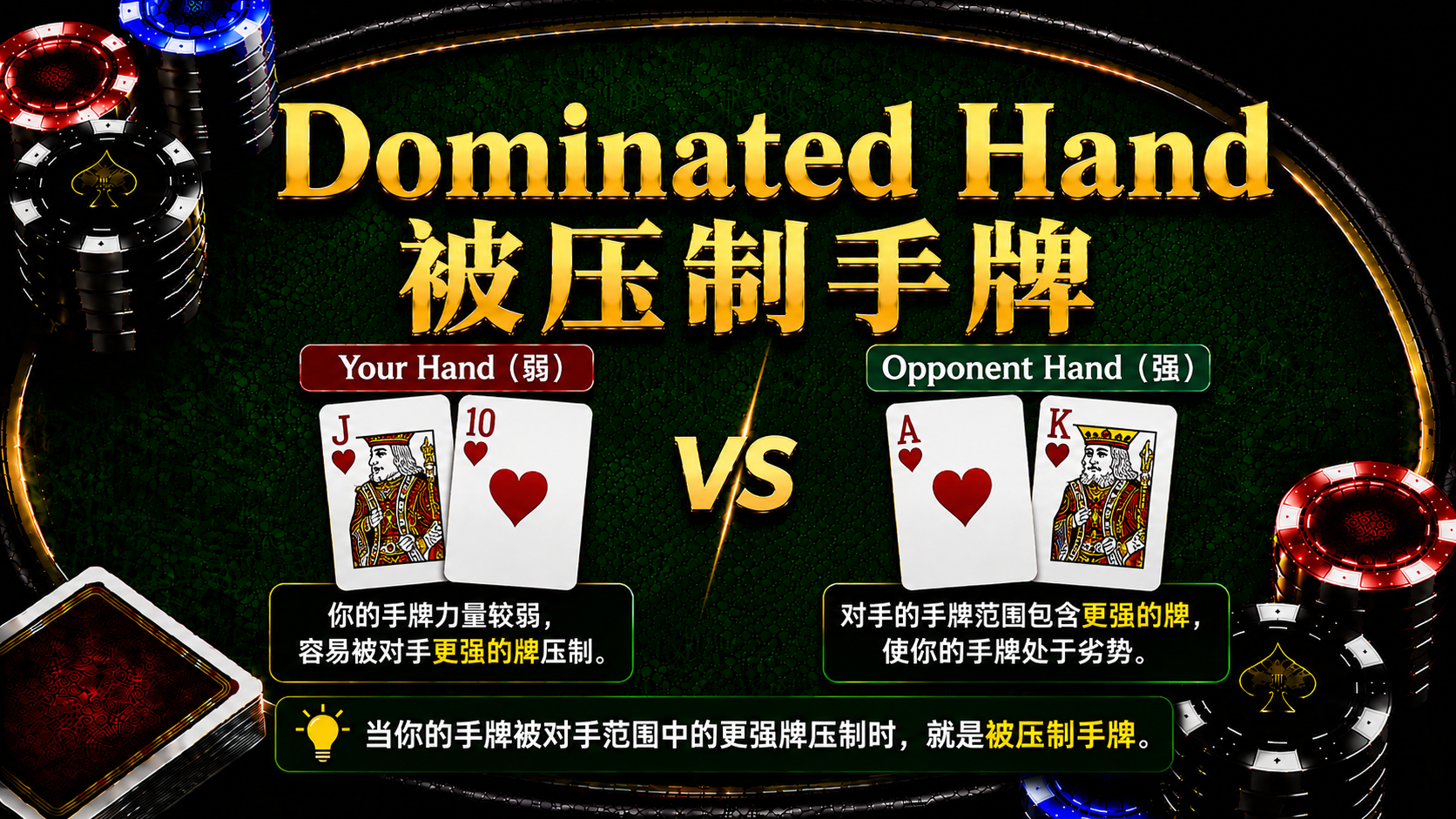 Dominated Hand 被壓制手牌在德州撲克中的概念與策略示意圖
