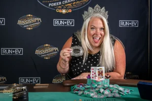 Amy Batson wins the inaugural Mississippi State Poker Championship Main Event title and belt buckle trophy in 2026.
